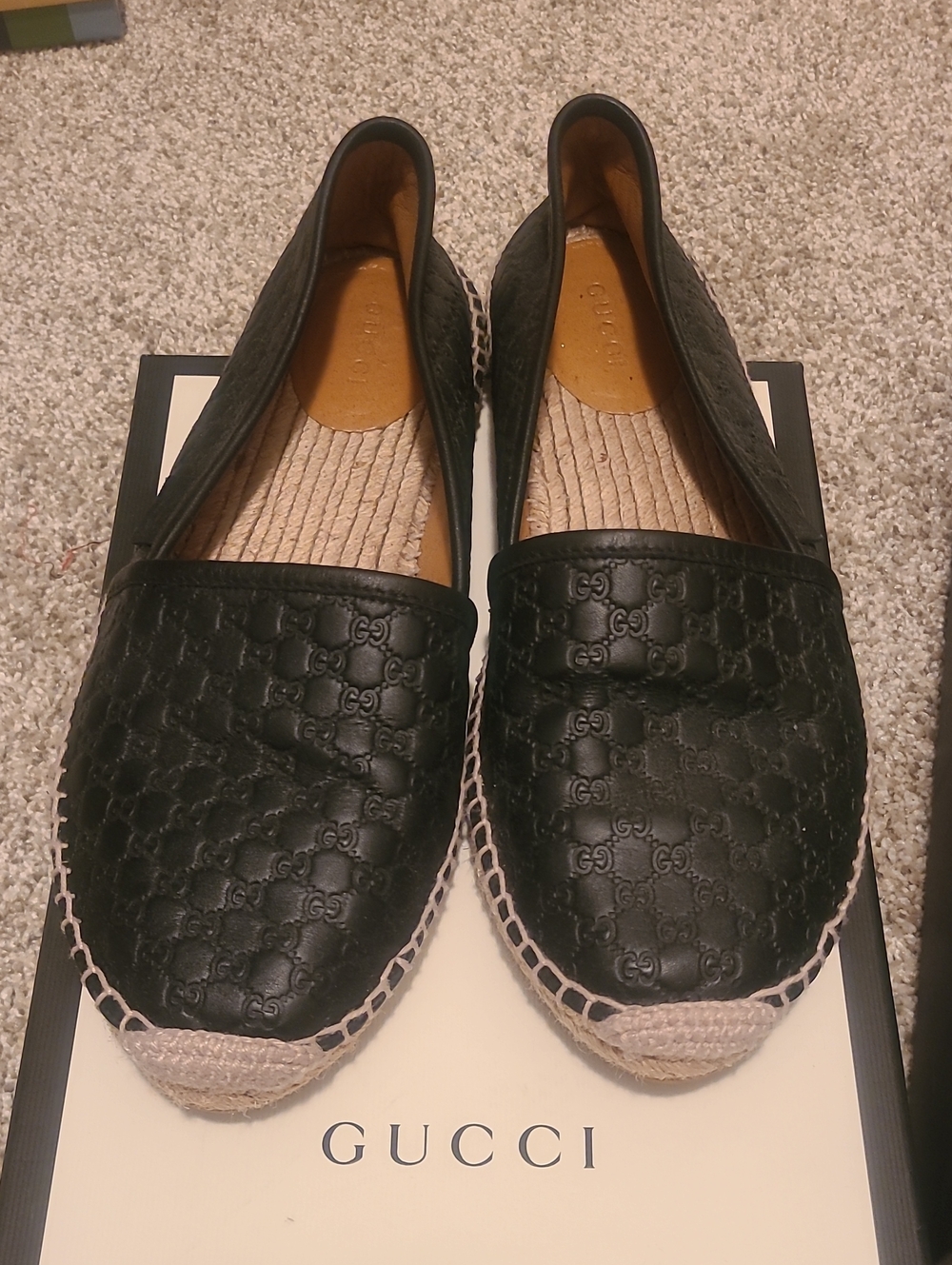 Gucci Black Leather GG-Motif Espadrille Flats